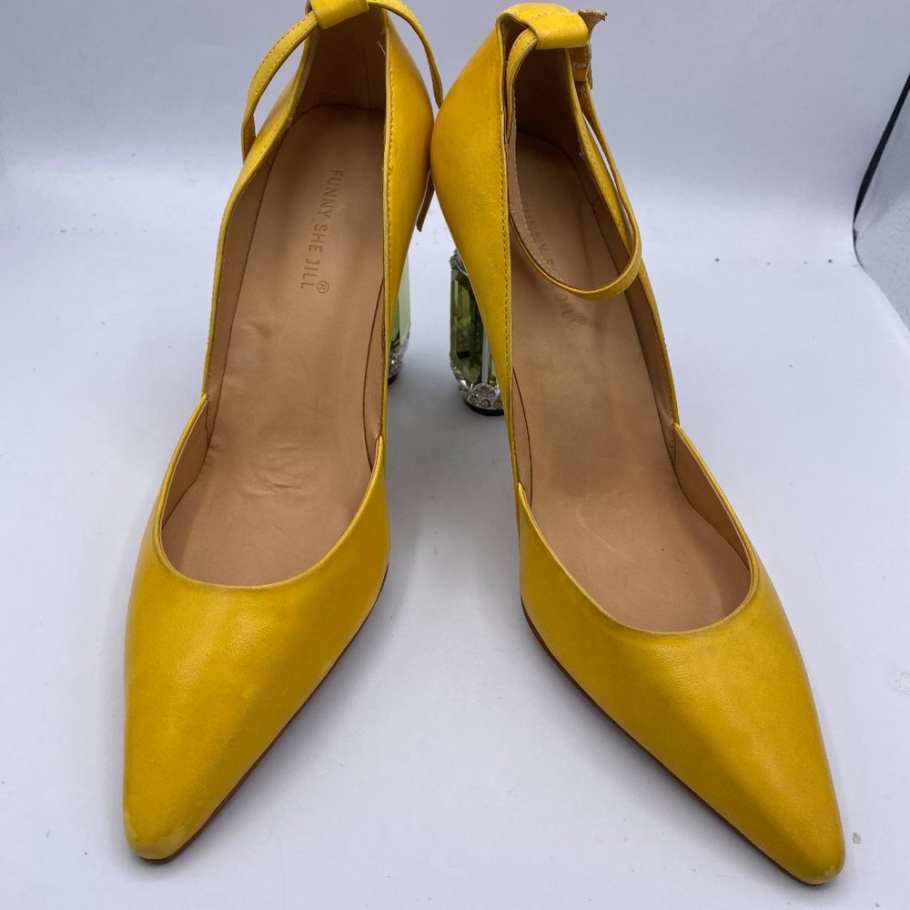 Yellow pointy toe crystal chunky ankle strap heels